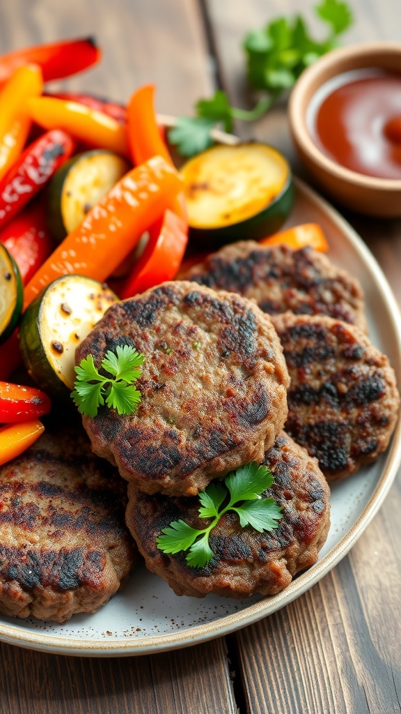 Quick Air Fryer Ground Beef Dinner Recipes Air fryer ground beef patties served with roasted vegetables on a wooden table.